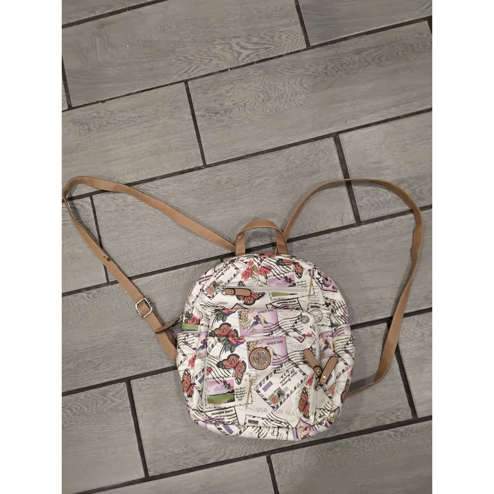 Gianni Bernini Backpack‎ White Multi Color Postcard Butterfly Floral Print Small